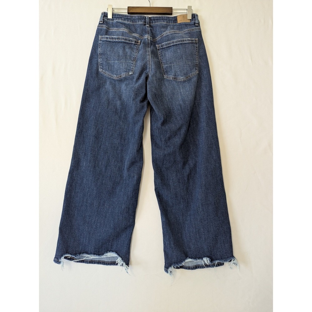 American Eagle Low Rise Baggy Wide Leg Jeans Blue Raw Hem Size 6 Regular Stretch - Picture 3 of 11